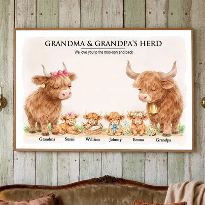 Personalized Highland Cow Family Poster, Grandma & Grandpa's Herd Wall Art, Unique Gift for Grandparents