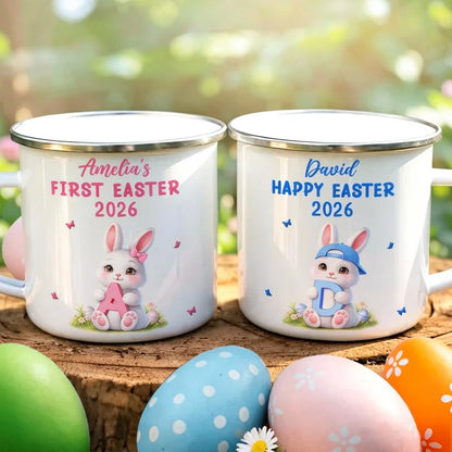 Personalized Easter Bunny Enamel Mug with Custom Initial, Cute Spring Gift for Kids or Family, Sweet Keepsake