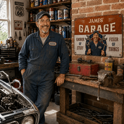 Personalized Mechanic Garage Sign with Custom Photo & Name, Rustic Metal Wall Decor, Gift for Dad, Grandpa or Handyman