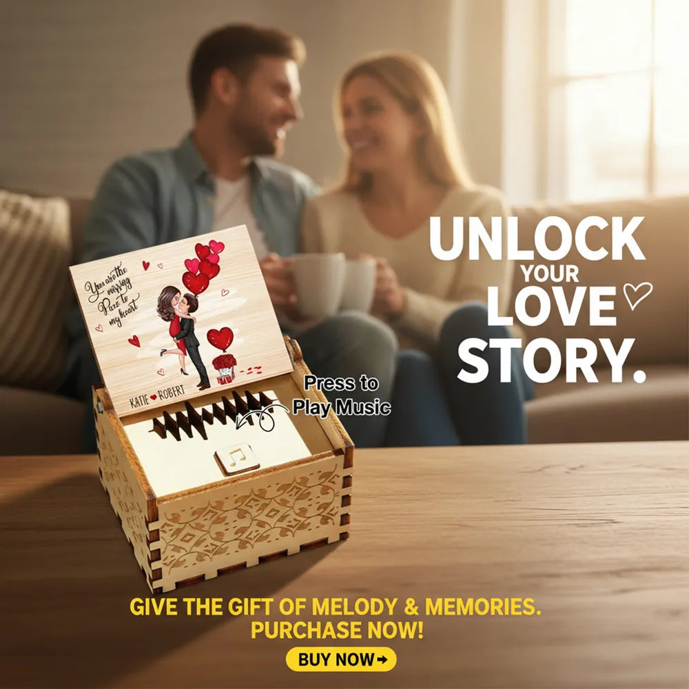 Personalized Wooden Music Box with Kissing Couple & Hearts Romantic Unique Gift for Him or Her