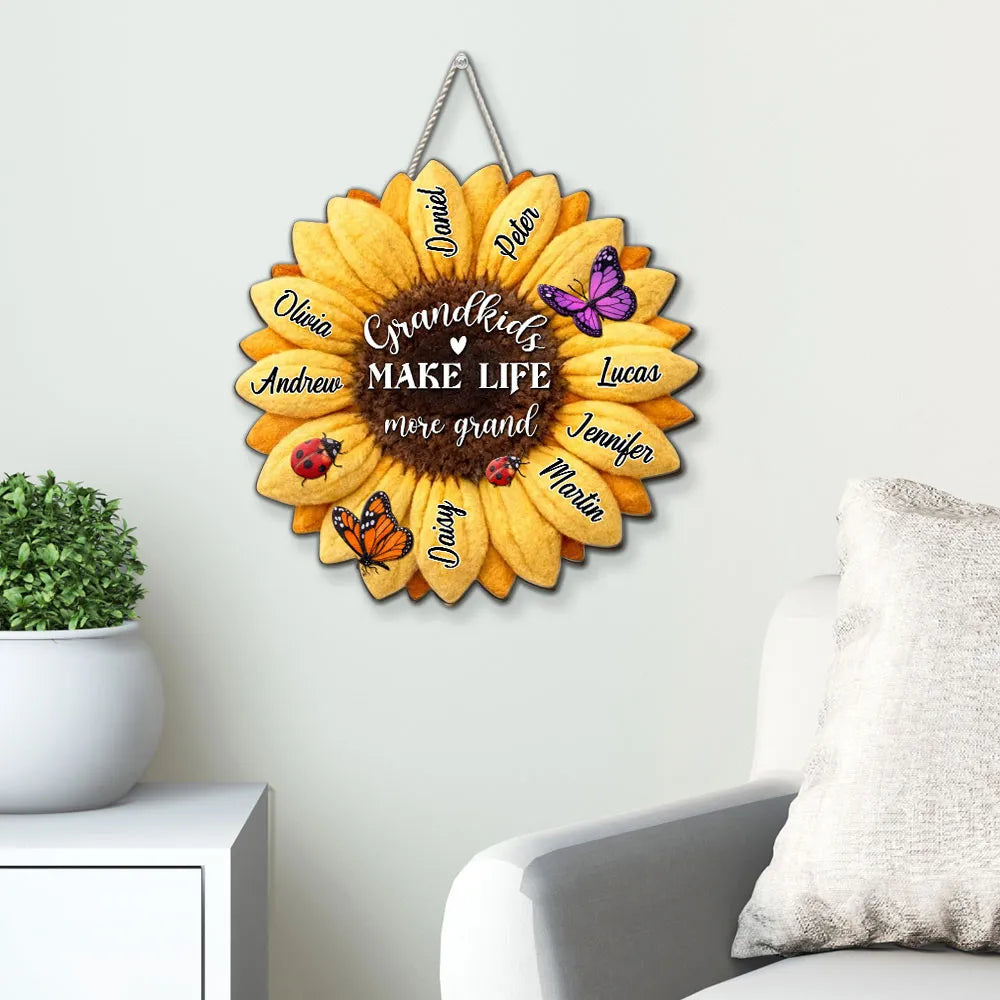 Grandkids Make Life More Grand Wooden Sign Personalized Sunflower With Butterflies Sweet Home Accent Gift for Grandparents