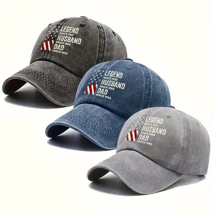 Washed Denim Baseball Cap with Legend Husband Dad Papa Style Graphic, Personalized Unique Gift for Dad with a Vintage Vibe
