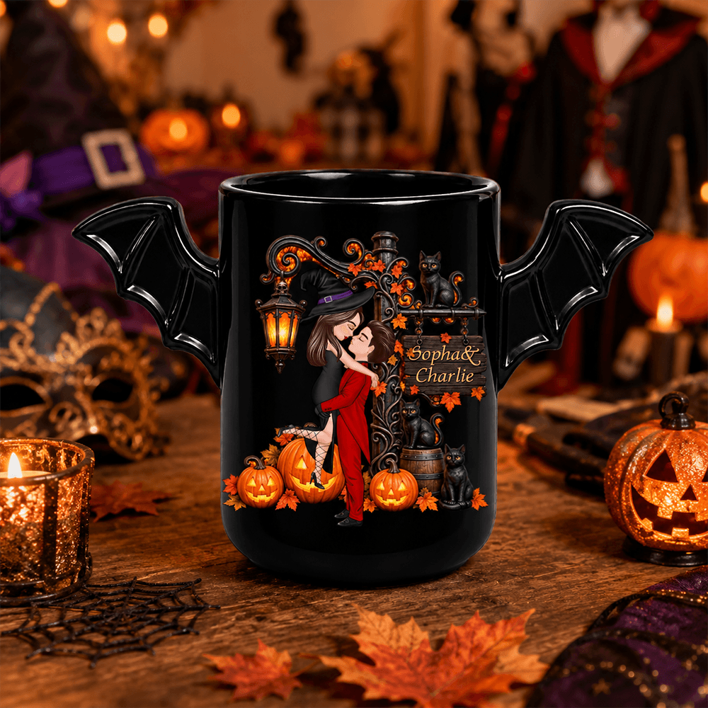 Personalized Halloween Couple Gift – Custom Name Bat Wing Ceramic Mug or Two-Layer Wooden Plaque