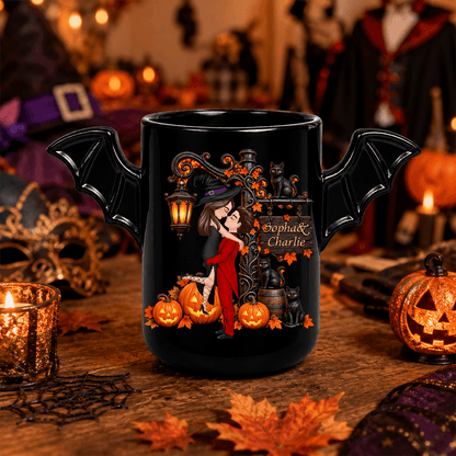Personalized Halloween Couple Gift – Custom Name Bat Wing Ceramic Mug or Two-Layer Wooden Plaque