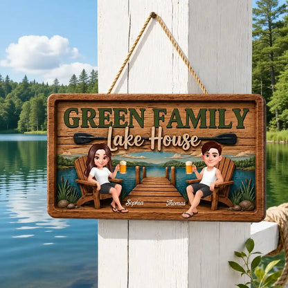 Personalized Wooden Sign, Seated Lake House Couple Illustration, Unique Gift For Family Retreat Decor