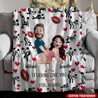 I Love You Personalized Fleece Blanket with Cute Couple Illustration, Lips and Hearts - Funny Sweet Gift for Partners