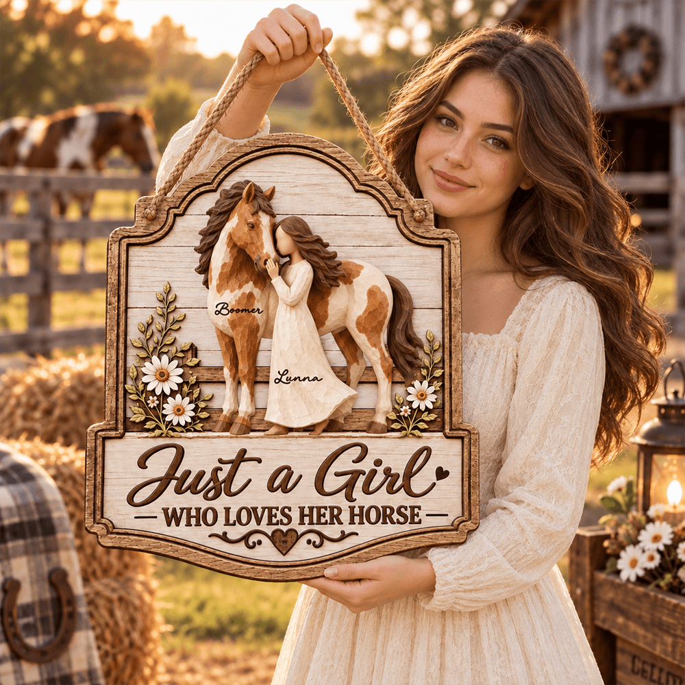 Warm Neutral Wooden Sign with Girl Nuzzling Horse, Personalized Keepsake, Creative Gift for Horse Lover