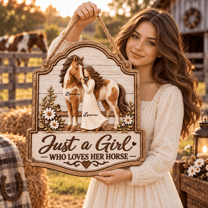 Warm Neutral Wooden Sign with Girl Nuzzling Horse, Personalized Keepsake, Creative Gift for Horse Lover