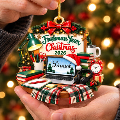 Personalized Freshman Year Christmas Ornament, Cozy College Study Desk Design, Custom Name & Year Keepsake Gift for Students