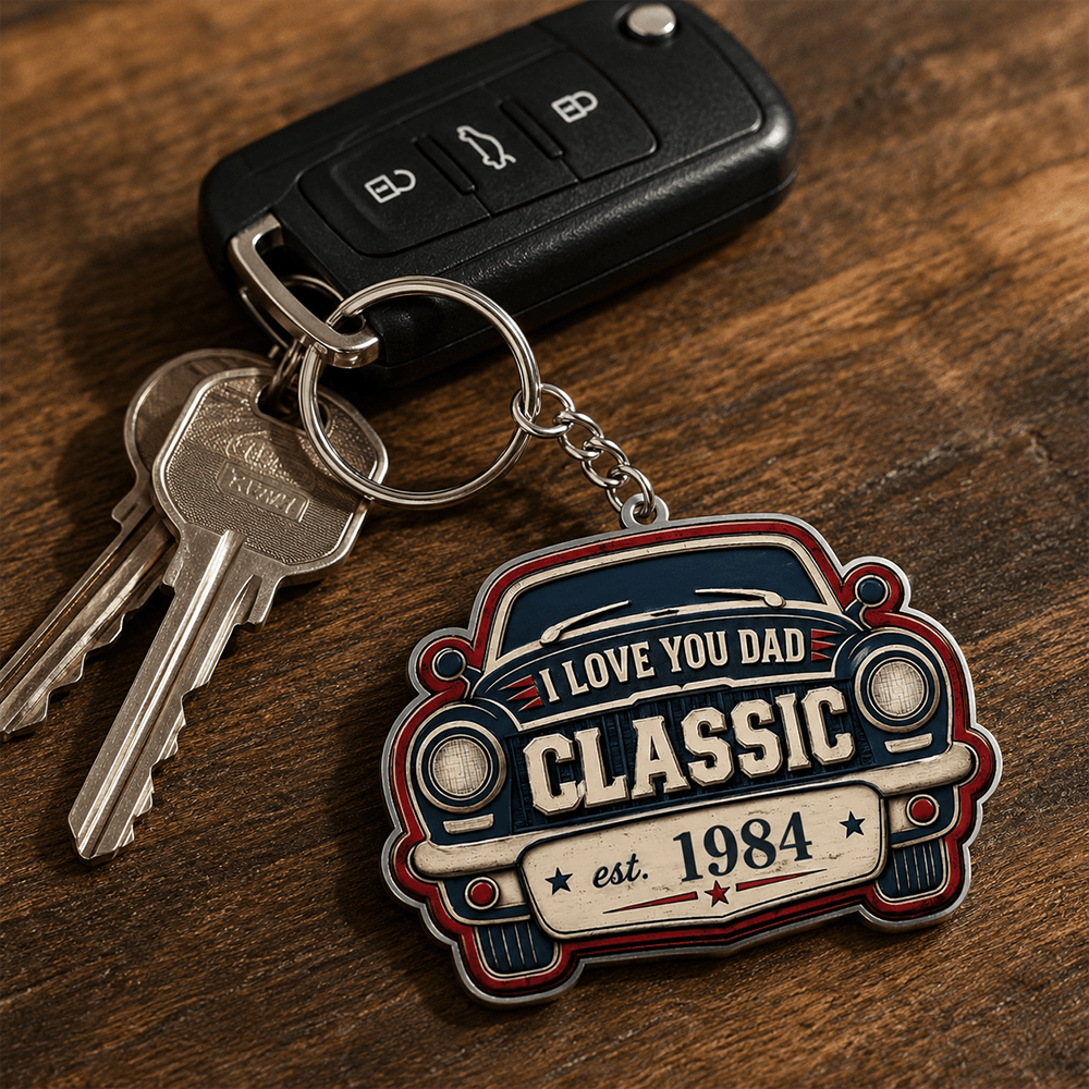 Custom Vintage Car Keychain, Acrylic or Wooden Style, Personalized Year Gift for Dad, Grandpa & Classic Car Fans