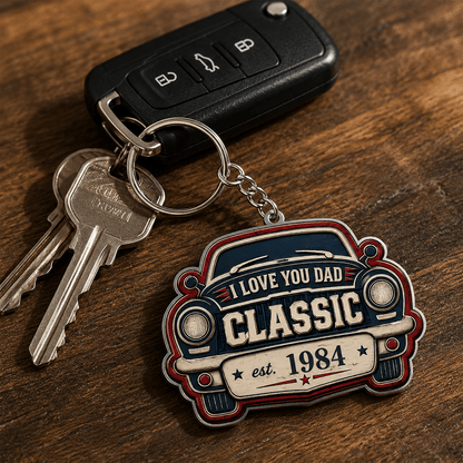 Custom Vintage Car Keychain, Acrylic or Wooden Style, Personalized Year Gift for Dad, Grandpa & Classic Car Fans