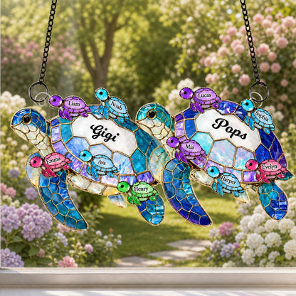 Personalized Grandma & Grandpa Turtle Suncatcher Ornament, Custom Grandkids Names, Family Gift for Grandparents