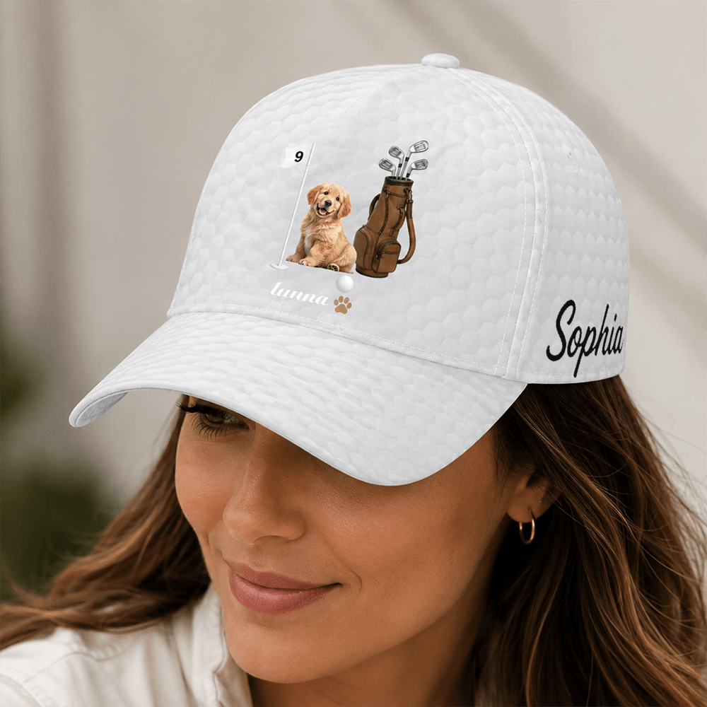 Custom Pet Photo Golf Cap with Name, Personalized Dog or Cat Hat, Gift for Golfers & Pet Lovers