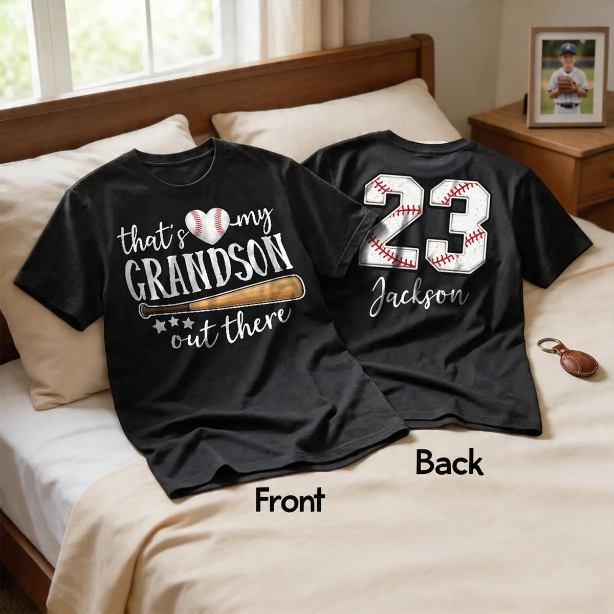 Personalized Dual Print Classic Tee That's My Grandson Out There Baseball Fan Gift for Proud Grandma