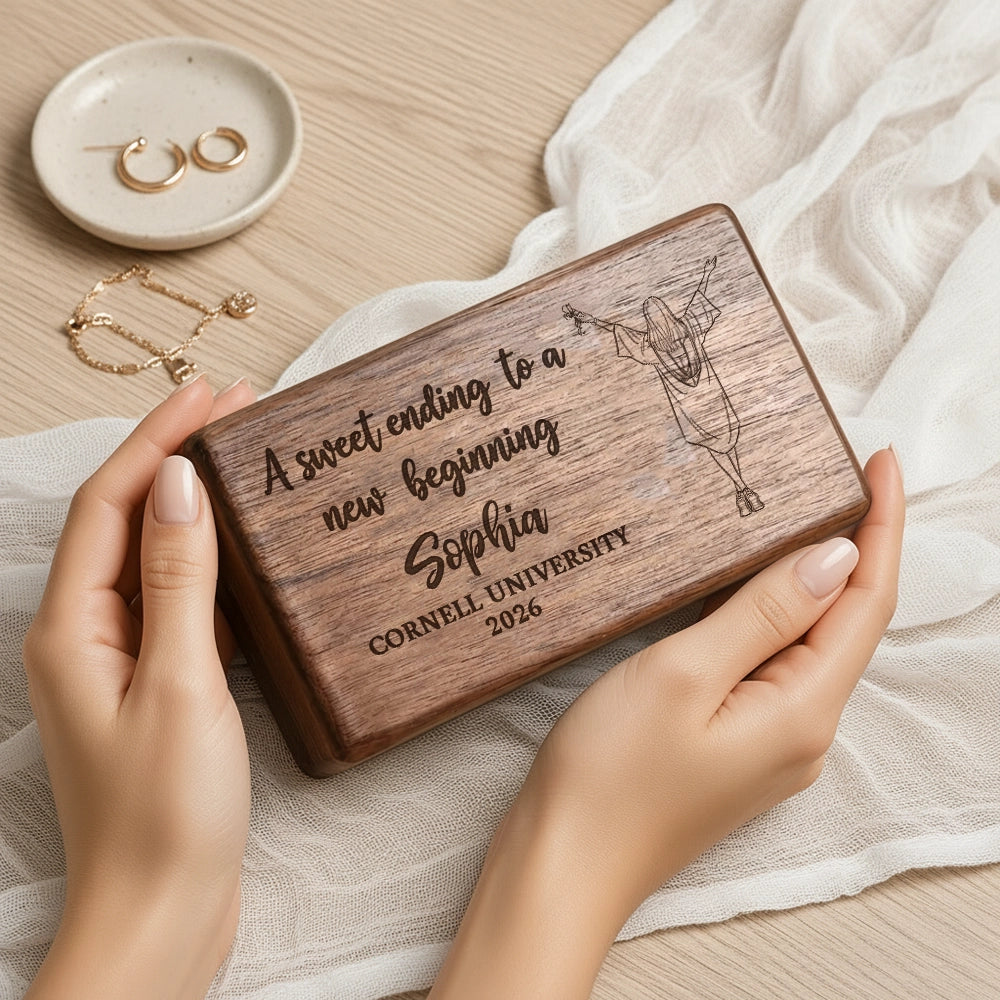 Personalized Black Walnut Jewelry Box, Graduation Girl Illustration, Unique Creative Gift for Her