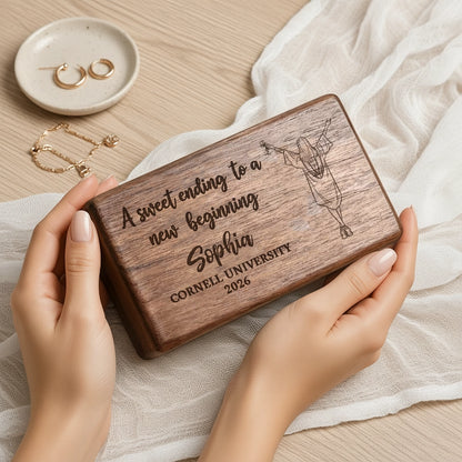 Personalized Black Walnut Jewelry Box, Graduation Girl Illustration, Unique Creative Gift for Her