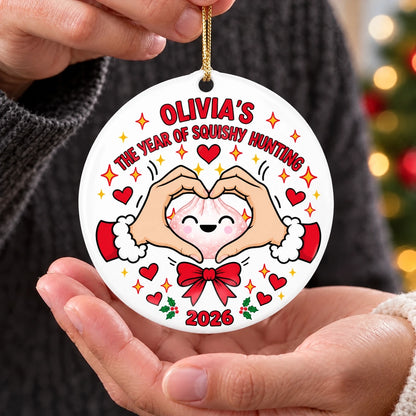 Personalized Ceramic Ornament, Heart Hands Around a Smiling Squishy, Creative Sentimental Gift for Family