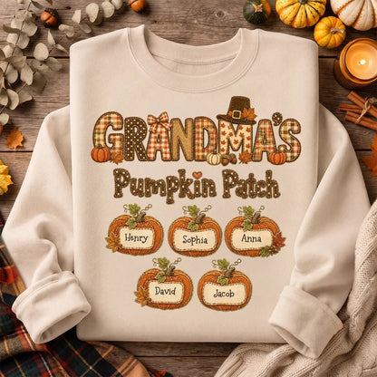 Personalized Grandma's Pumpkin Patch Sweatshirt, Autumn Patchwork Pumpkins, Unique Gift for Grandma