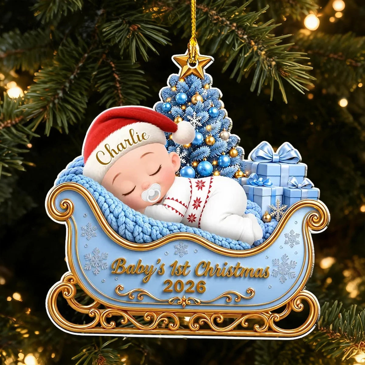 Personalized Baby's First Christmas Ornament, Sleeping Baby in Blue Sleigh, Unique Gift for New Parents