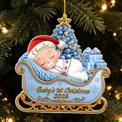 Personalized Baby's First Christmas Ornament, Sleeping Baby in Blue Sleigh, Unique Gift for New Parents