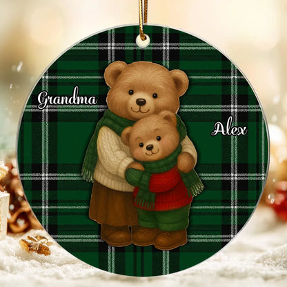 Personalized Acrylic Ornament for Grandma & Grandkids – Cozy Teddy Bear Hug, Plaid Christmas Decor, Unique Heartwarming Gift