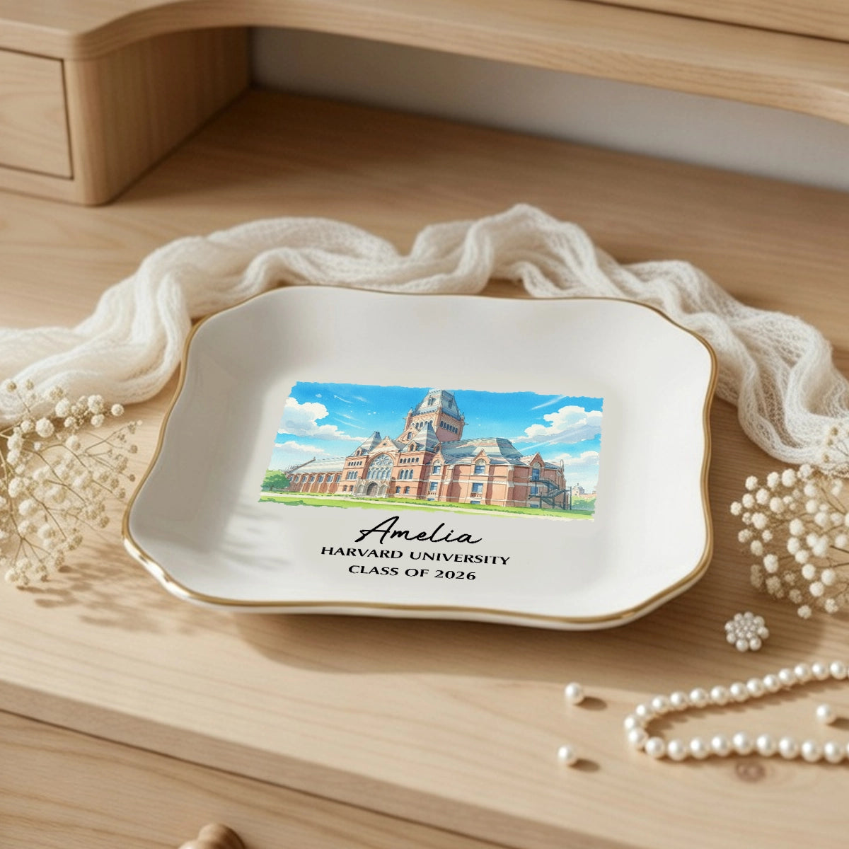 Personalized University Jewelry Dish with Campus Illustration, Unique Graduation Keepsake Gift for Her