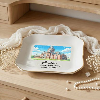 Personalized University Jewelry Dish with Campus Illustration, Unique Graduation Keepsake Gift for Her