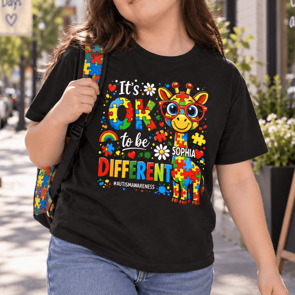 Personalized Autism Awareness Giraffe Shirt, It’s OK to Be Different, Custom Name Gift for Kids & Family
