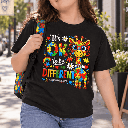 Personalized Autism Awareness Giraffe Shirt, It’s OK to Be Different, Custom Name Gift for Kids & Family