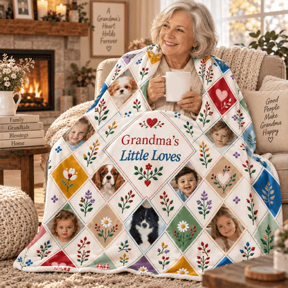 Personalized Grandma’s Little Loves Photo Fleece Blanket, Floral Patchwork Gift with Grandchildren & Pets