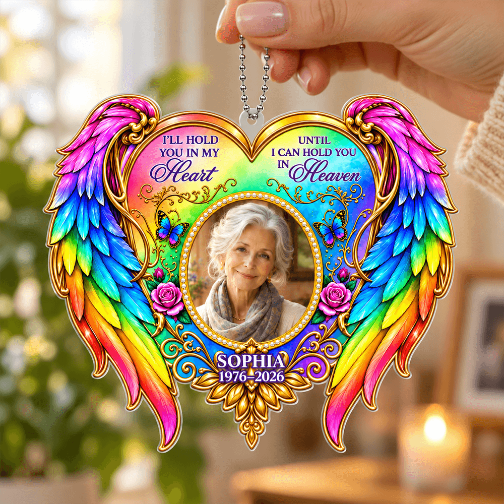 Personalized Memorial Photo Car Hanger or Ornament, Rainbow Angel Wings Keepsake, “I’ll Hold You in My Heart” Remembrance Gift