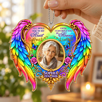 Personalized Memorial Photo Car Hanger or Ornament, Rainbow Angel Wings Keepsake, “I’ll Hold You in My Heart” Remembrance Gift
