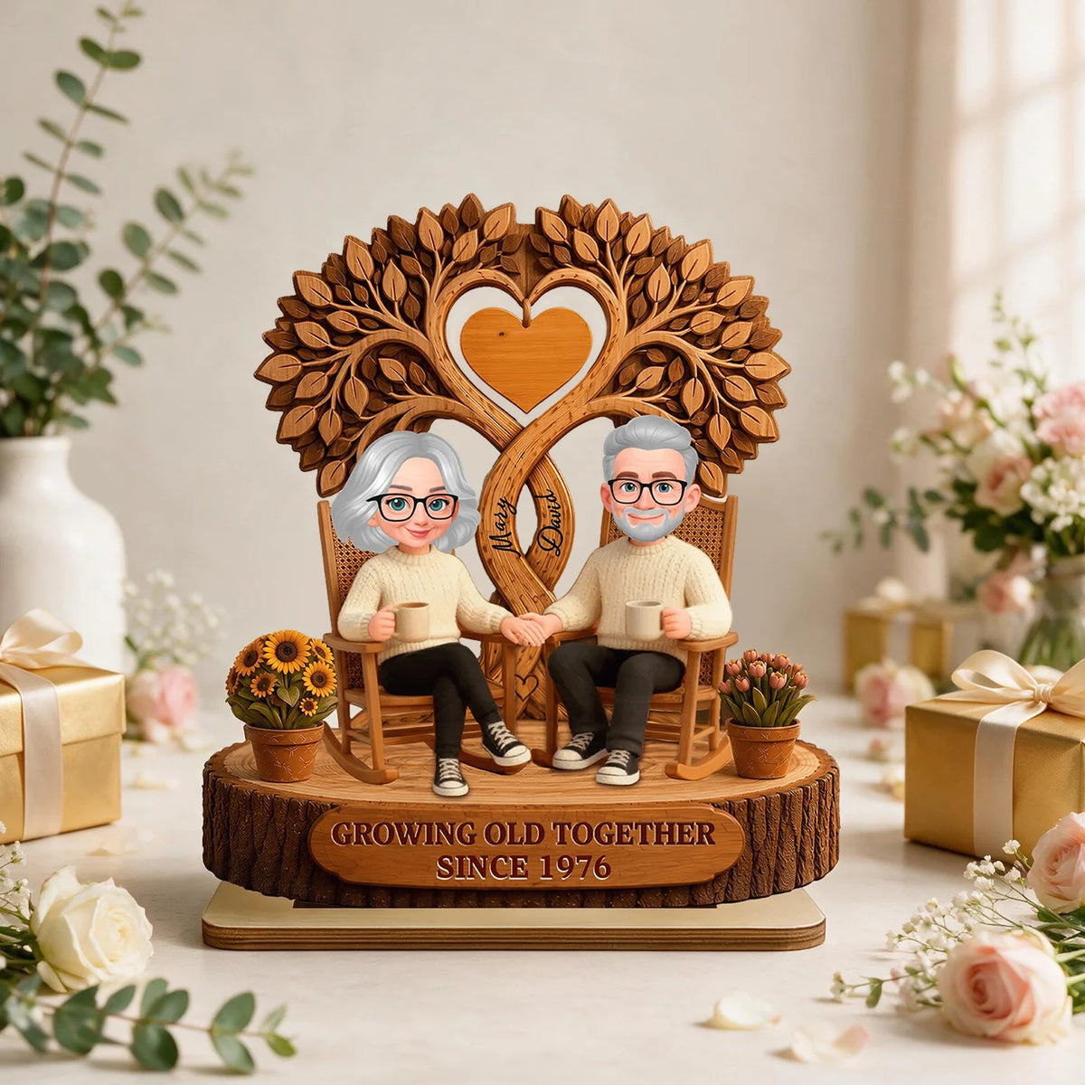 Personalized Growing Old Together Wooden Plaque with Names & Year, Romantic Anniversary Gift for Couples