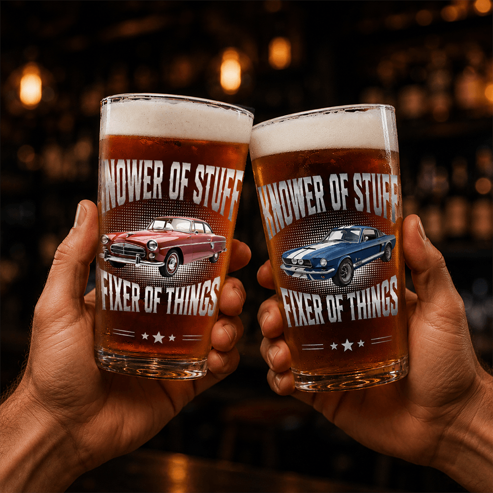 Personalized Beer Glass with Classic Muscle Car Art, Black and Gold Unique Gift for Car Enthusiast