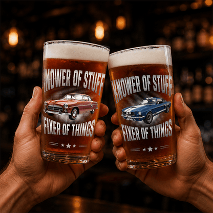 Personalized Beer Glass with Classic Muscle Car Art, Black and Gold Unique Gift for Car Enthusiast
