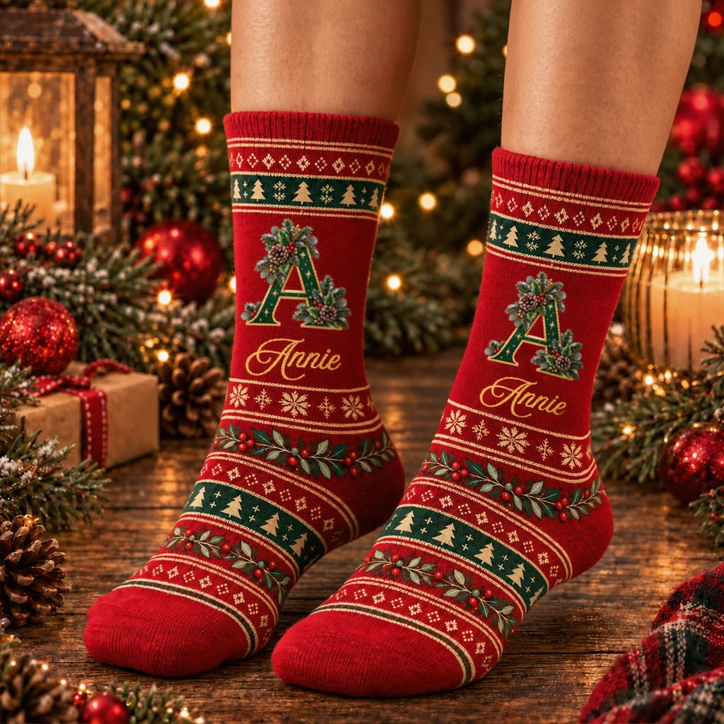 Personalized Christmas Crew Socks with Custom Name & Initial, Festive Holly and Snowflake Design, Cozy Christmas Gift
