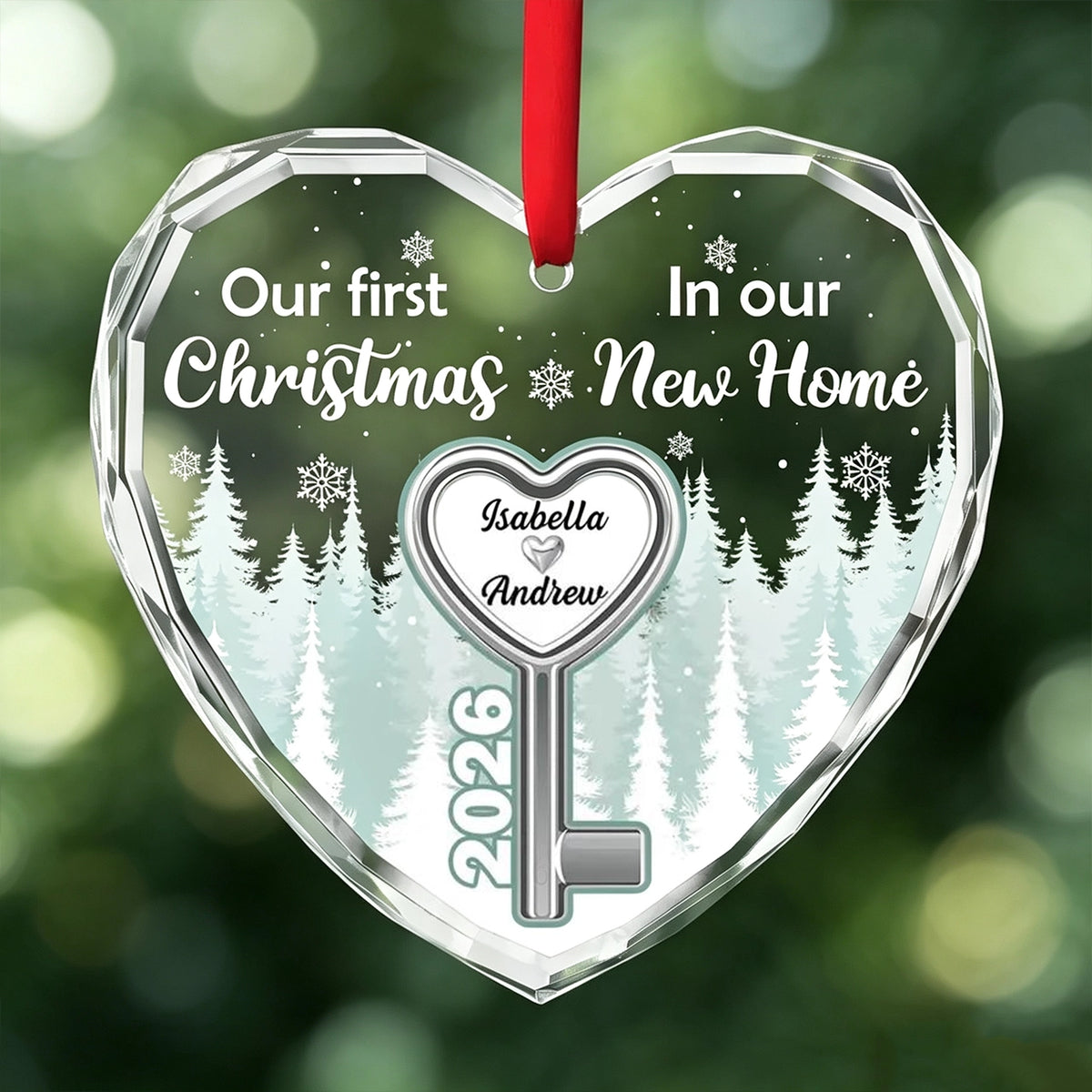 Custom Crystal Heart Ornament with Snowy Forest & Heart Key, Creative Gift for New Home Couple