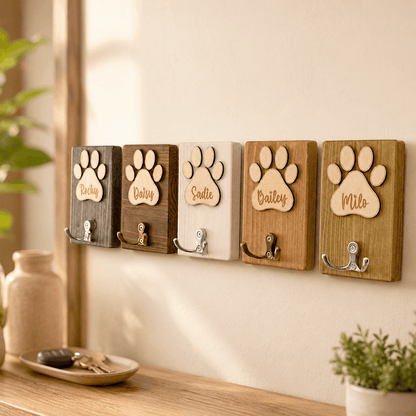 Personalized Wooden Pet Leash Holder with Paw Print Design, Custom Dog Leash Hook for Entryway Decor & Pet Lover Gift