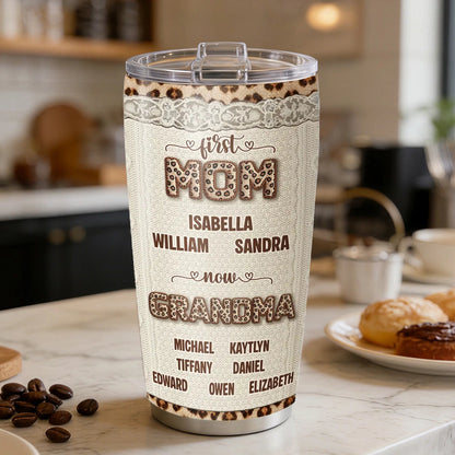 Personalized Insulated Travel Tumbler for Grandma, First Mom Now Grandma Leopard Lace Design, Unique Gift for Her