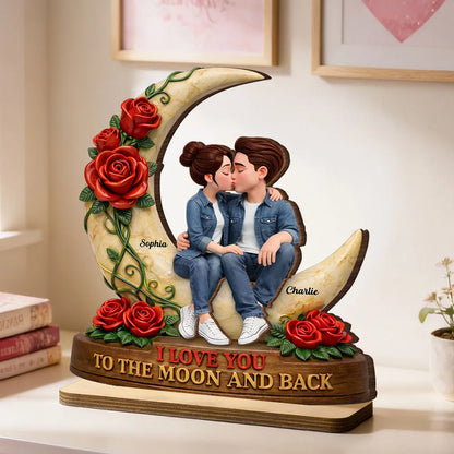 Personalized 2-Layer Wooden Plaque Kissing Couple on Crescent Moon Romantic Unique Gift for Wife or Girlfriend