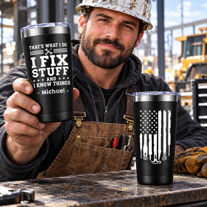 Personalized Bullet Tumbler with Tool Flag Design, Custom Name Gift for Dad, Mechanic, Handyman & DIY Lover