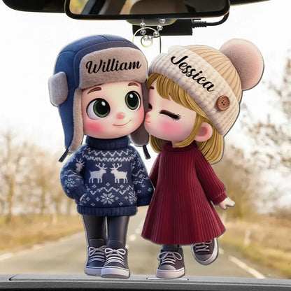 Personalized Acrylic Car Hanger Cute Cartoon Kissing Couple in Winter Hats, Unique Romantic Gift for Husband or Wife