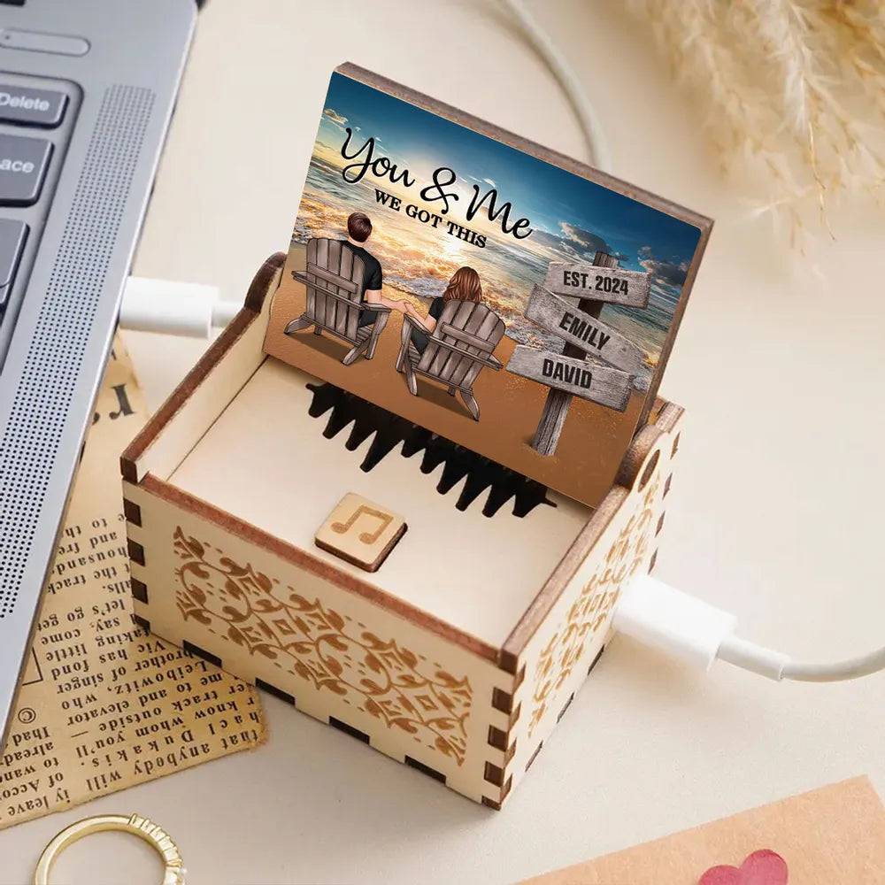 You & Me Beach Sunset Couple Wooden Music Box, Personalized Keepsake Gift for Couples to Remember Your Favorite Moment
