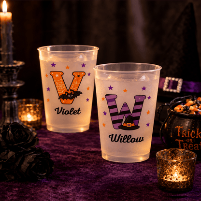 Personalized Halloween Frosted Plastic Cups with Custom Name & Initial, Cute Spooky Party Gift for Family & Friends