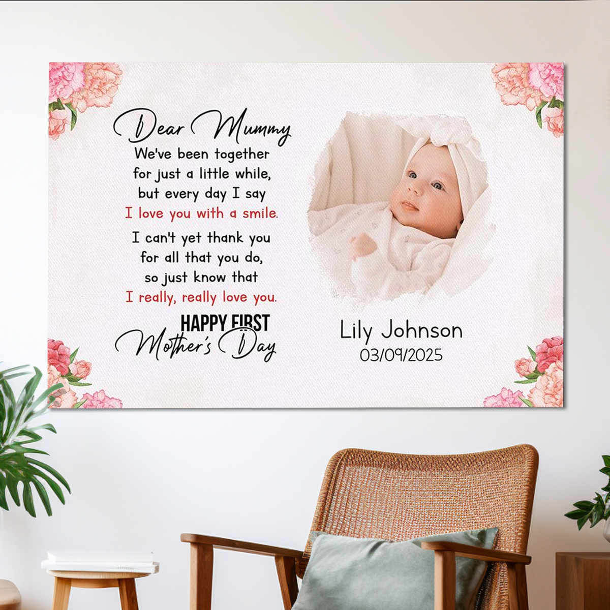 Dear Mummy Happy First Mother's Day Poster, Personalized Baby Photo Wall Art, Sweet Keepsake Gift for New Mom