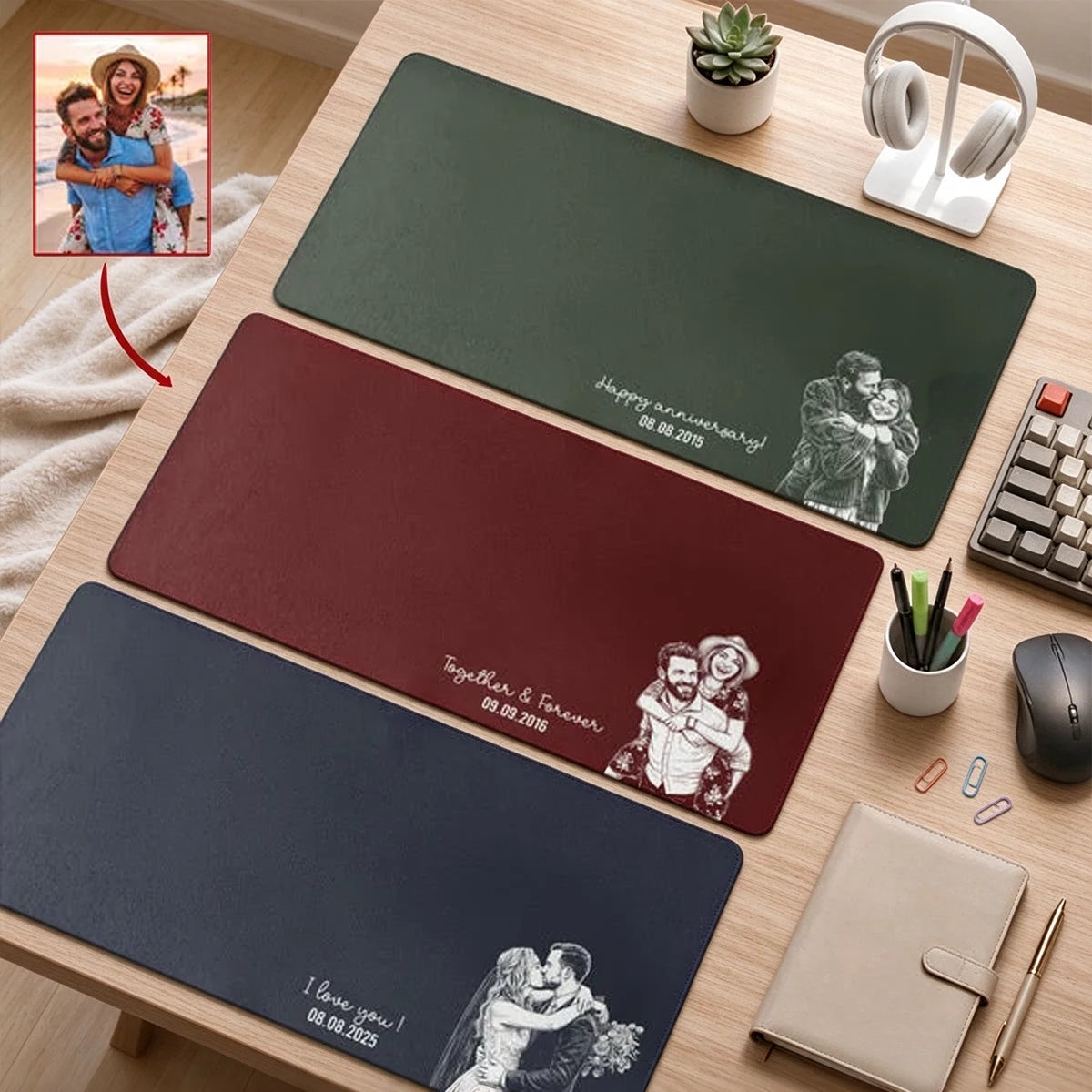 Personalized Leather Desk Mat, Custom Piggyback Couple Photo Sketch, Unique Gift for Couples