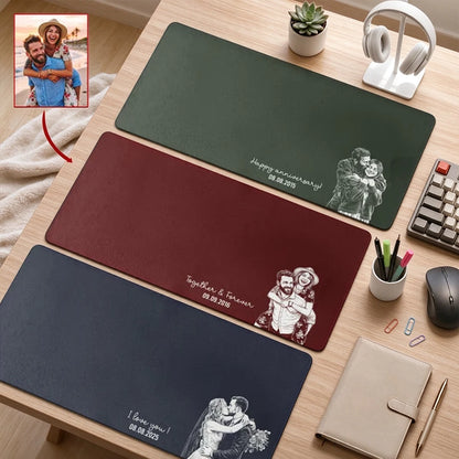 Personalized Leather Desk Mat, Custom Piggyback Couple Photo Sketch, Unique Gift for Couples