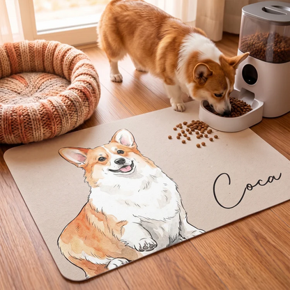 Personalized Flannel Pet Mat with Custom Watercolor Dog Portrait, Unique Feeding Area Gift for Dog Lovers