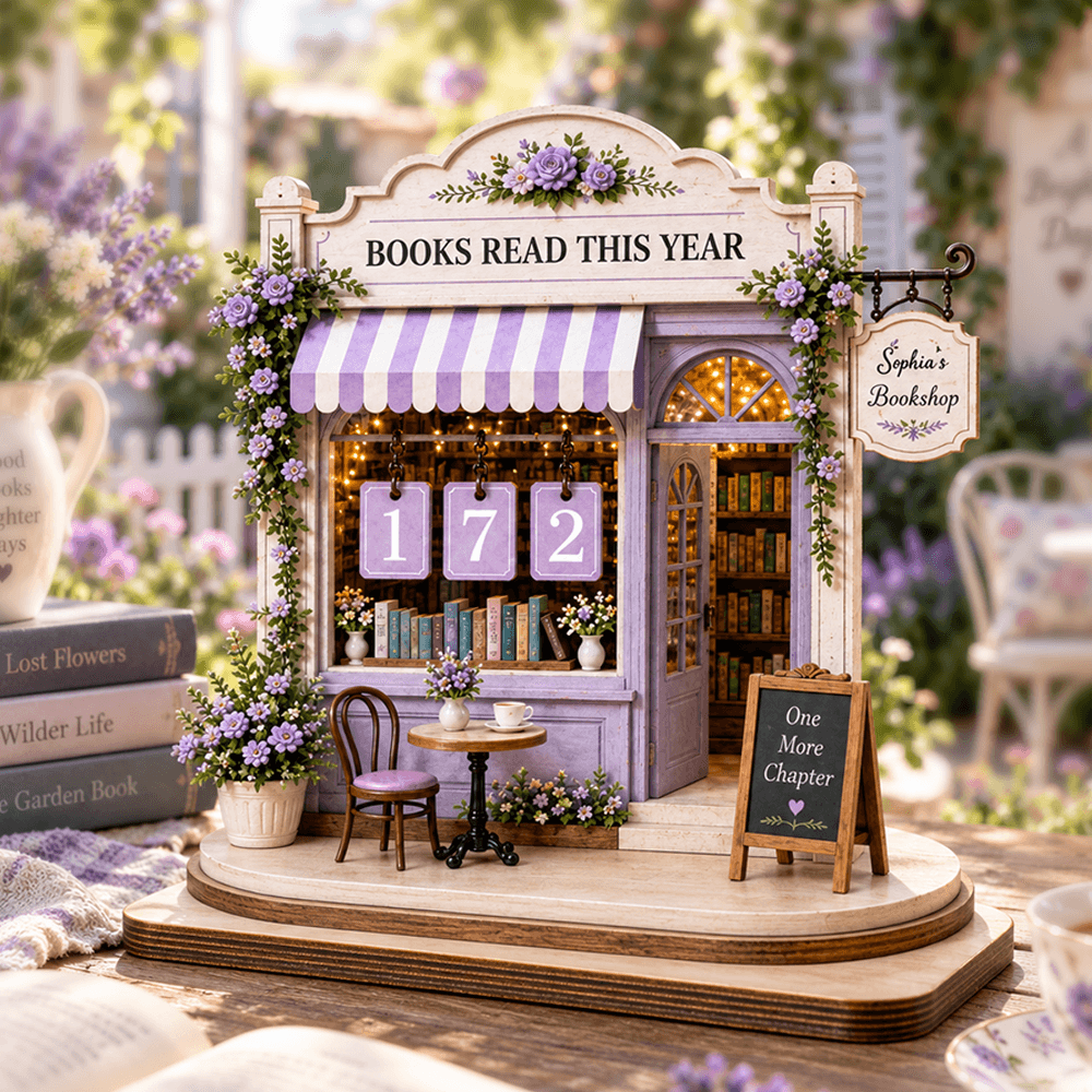 Personalized Floral Bookshop Reading Tracker, 2-Layer Wooden Plaque, Custom Book Count Gift for Book Lovers