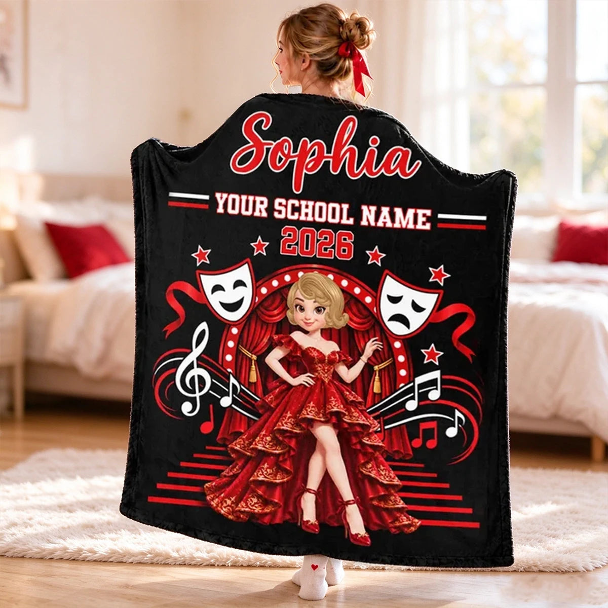 Personalized Fleece Blanket Featuring a Posing Theater Girl on a Red Stage, Unique Gift for Drama Students